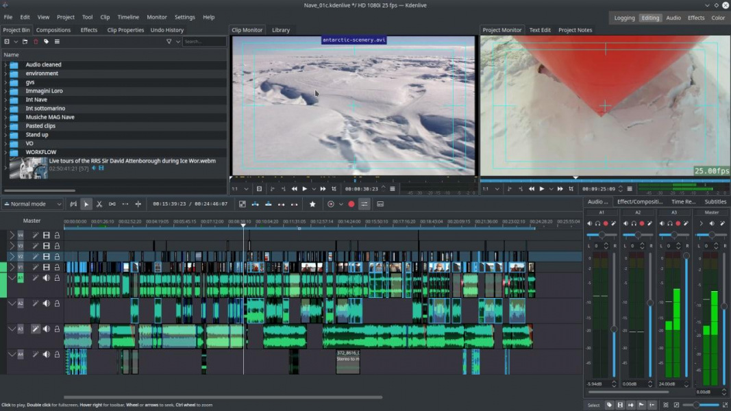 A screenshot of a video editing UI. On the upper part of the screen we have a list of media to select from, a preview of the original clip being editing and a preview of the ongoing video edition. on the lower part of the screen there's a timeline with video and audio clips cut and pasted.
